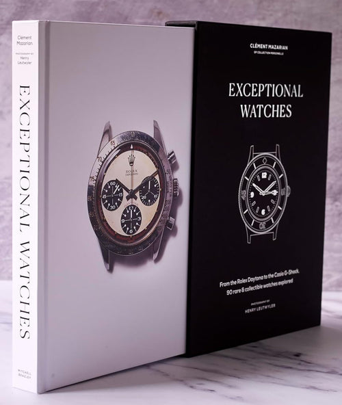 Book titled 'Exceptional Watches' with watch illustrations on a marble surface and gray background