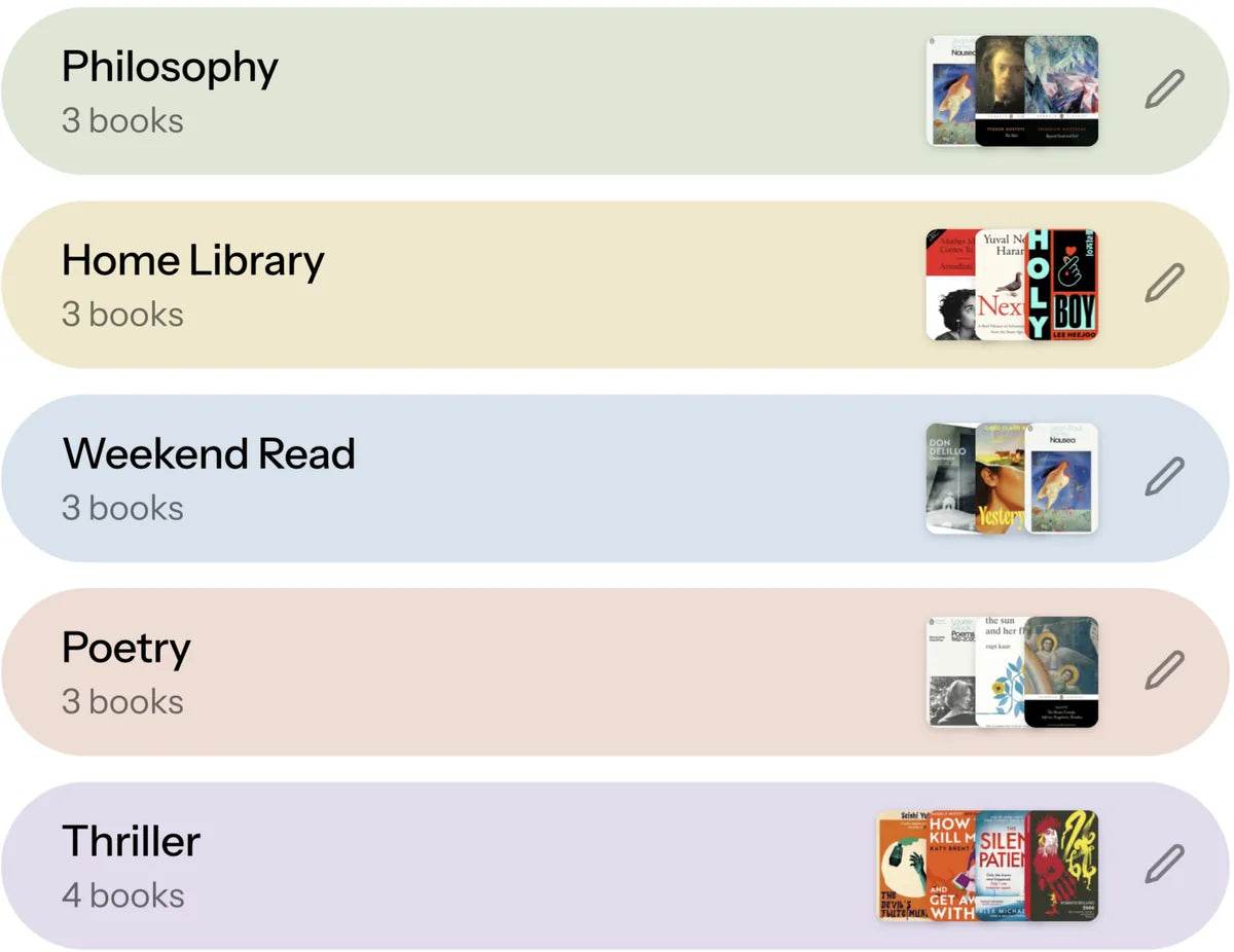 Five named shelves in Favourites at biblionepal: Philosophy, Home Library, Weekend Read, Poetry and Thriller, each showing the covers on it